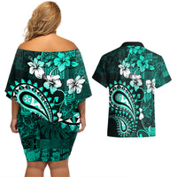 Fiji Masi Paisley Couples Matching Off Shoulder Short Dress and Hawaiian Shirt Fijian Hibiscus Tapa Turquoise Version LT01 - Polynesian Pride