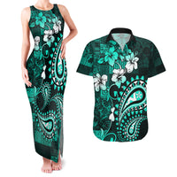 Fiji Masi Paisley Couples Matching Tank Maxi Dress and Hawaiian Shirt Fijian Hibiscus Tapa Turquoise Version LT01 Turquoise - Polynesian Pride