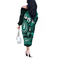 Fiji Masi Paisley Off The Shoulder Long Sleeve Dress Fijian Hibiscus Tapa Turquoise Version LT01 - Polynesian Pride