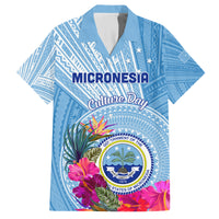 Micronesia Culture Day Family Matching Off Shoulder Short Dress and Hawaiian Shirt Tribal Pattern Tropical Style LT01 Dad's Shirt - Short Sleeve Blue - Polynesian Pride