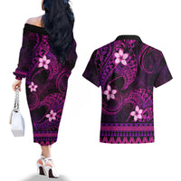 FSM Culture Day Couples Matching Off The Shoulder Long Sleeve Dress and Hawaiian Shirt Tribal Pattern Pink Version LT01 - Polynesian Pride
