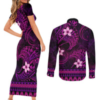 FSM Chuuk State Couples Matching Short Sleeve Bodycon Dress and Long Sleeve Button Shirt Tribal Pattern Pink Version LT01 - Polynesian Pride