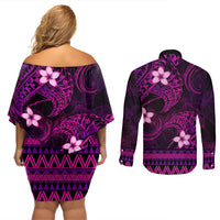 FSM Pohnpei State Couples Matching Off Shoulder Short Dress and Long Sleeve Button Shirt Tribal Pattern Pink Version LT01 - Polynesian Pride