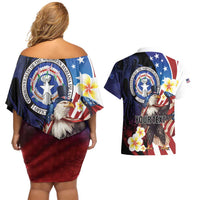 Personalized Northern Mariana Islands 4th of July Couples Matching Off Shoulder Short Dress and Hawaiian Shirt Plumeria USA Eagle