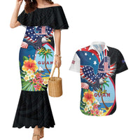 Personalized Guam Fourth of July Couples Matching Mermaid Dress and Hawaiian Shirt Tropical Flowers