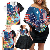 Personalized Guam Fourth of July Family Matching Off Shoulder Short Dress and Hawaiian Shirt Tropical Flowers