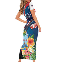 Personalized Guam Fourth of July Short Sleeve Bodycon Dress Tropical Flowers