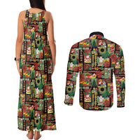 Hawaiian Santa Christmas Pattern Couples Matching Tank Maxi Dress and Long Sleeve Button Shirt Black Version - Polynesian Pride