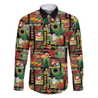 Hawaiian Santa Christmas Pattern Family Matching Long Sleeve Bodycon Dress and Hawaiian Shirt Black Version - Polynesian Pride