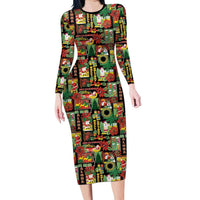 Hawaiian Santa Christmas Pattern Family Matching Long Sleeve Bodycon Dress and Hawaiian Shirt Black Version - Polynesian Pride
