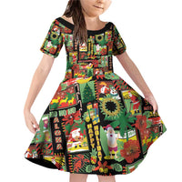 Hawaiian Santa Christmas Pattern Family Matching Off Shoulder Short Dress and Hawaiian Shirt Black Version - Polynesian Pride