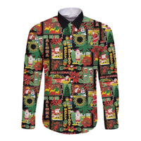 Hawaiian Santa Christmas Pattern Long Sleeve Button Shirt Black Version - Polynesian Pride
