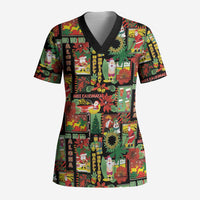 Hawaiian Santa Christmas Pattern Scrub Top Black Version - Polynesian Pride
