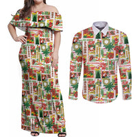 Hawaiian Santa Christmas Pattern Couples Matching Off Shoulder Maxi Dress and Long Sleeve Button Shirt White Version - Polynesian Pride
