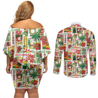 Hawaiian Santa Christmas Pattern Couples Matching Off Shoulder Short Dress and Long Sleeve Button Shirt White Version - Polynesian Pride