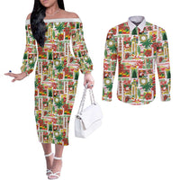 Hawaiian Santa Christmas Pattern Couples Matching Off The Shoulder Long Sleeve Dress and Long Sleeve Button Shirt White Version - Polynesian Pride