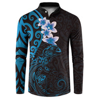 New Zealand Tuatara Plumeria Button Sweatshirt Maori Blue Koru Tribal Tattoo LT01 Blue - Polynesian Pride