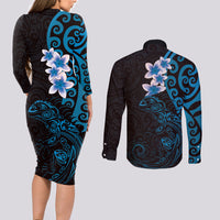 New Zealand Tuatara Plumeria Couples Matching Long Sleeve Bodycon Dress and Long Sleeve Button Shirt Maori Blue Koru Tribal Tattoo LT01 - Polynesian Pride