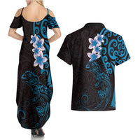 New Zealand Tuatara Plumeria Couples Matching Summer Maxi Dress and Hawaiian Shirt Maori Blue Koru Tribal Tattoo LT01 - Polynesian Pride