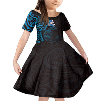 New Zealand Tuatara Plumeria Family Matching Mermaid Dress and Hawaiian Shirt Maori Blue Koru Tribal Tattoo LT01 Daughter's Dress Blue - Polynesian Pride