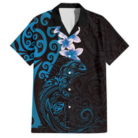New Zealand Tuatara Plumeria Family Matching Off Shoulder Short Dress and Hawaiian Shirt Maori Blue Koru Tribal Tattoo LT01 Dad's Shirt - Short Sleeve Blue - Polynesian Pride