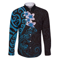 New Zealand Tuatara Plumeria Family Matching Summer Maxi Dress and Hawaiian Shirt Maori Blue Koru Tribal Tattoo LT01 Dad's Shirt - Long Sleeve Blue - Polynesian Pride