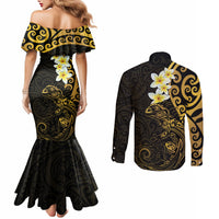 New Zealand Tuatara Plumeria Couples Matching Mermaid Dress and Long Sleeve Button Shirt Maori Gold Koru Tribal Tattoo LT01 - Polynesian Pride