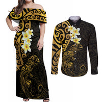 New Zealand Tuatara Plumeria Couples Matching Off Shoulder Maxi Dress and Long Sleeve Button Shirt Maori Gold Koru Tribal Tattoo LT01 Gold - Polynesian Pride
