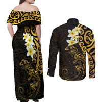 New Zealand Tuatara Plumeria Couples Matching Off Shoulder Maxi Dress and Long Sleeve Button Shirt Maori Gold Koru Tribal Tattoo LT01 - Polynesian Pride