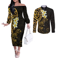 New Zealand Tuatara Plumeria Couples Matching Off The Shoulder Long Sleeve Dress and Long Sleeve Button Shirt Maori Gold Koru Tribal Tattoo LT01 Gold - Polynesian Pride