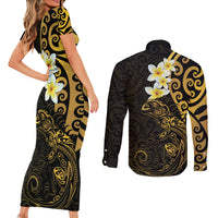 New Zealand Tuatara Plumeria Couples Matching Short Sleeve Bodycon Dress and Long Sleeve Button Shirt Maori Gold Koru Tribal Tattoo LT01 - Polynesian Pride