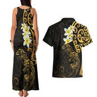 New Zealand Tuatara Plumeria Couples Matching Tank Maxi Dress and Hawaiian Shirt Maori Gold Koru Tribal Tattoo LT01 - Polynesian Pride