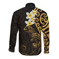New Zealand Tuatara Plumeria Long Sleeve Button Shirt Maori Gold Koru Tribal Tattoo