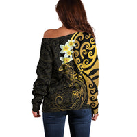 New Zealand Tuatara Plumeria Off Shoulder Sweater Maori Gold Koru Tribal Tattoo