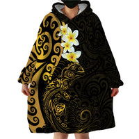 New Zealand Tuatara Plumeria Wearable Blanket Hoodie Maori Gold Koru Tribal Tattoo