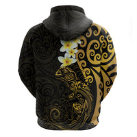 New Zealand Tuatara Plumeria Zip Hoodie Maori Gold Koru Tribal Tattoo