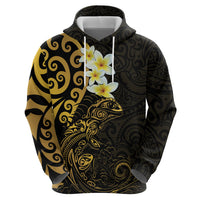 New Zealand Tuatara Plumeria Zip Hoodie Maori Gold Koru Tribal Tattoo