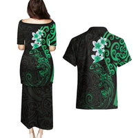 New Zealand Tuatara Plumeria Couples Matching Puletasi and Hawaiian Shirt Maori Green Koru Tribal Tattoo LT01 - Polynesian Pride