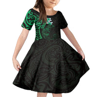 New Zealand Tuatara Plumeria Family Matching Off Shoulder Maxi Dress and Hawaiian Shirt Maori Green Koru Tribal Tattoo LT01 Daughter's Dress Green - Polynesian Pride