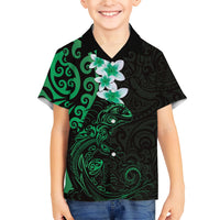 New Zealand Tuatara Plumeria Family Matching Off Shoulder Maxi Dress and Hawaiian Shirt Maori Green Koru Tribal Tattoo LT01 Son's Shirt Green - Polynesian Pride
