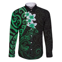 New Zealand Tuatara Plumeria Family Matching Off Shoulder Short Dress and Hawaiian Shirt Maori Green Koru Tribal Tattoo LT01 Dad's Shirt - Long Sleeve Green - Polynesian Pride