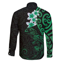 New Zealand Tuatara Plumeria Family Matching Off Shoulder Short Dress and Hawaiian Shirt Maori Green Koru Tribal Tattoo LT01 - Polynesian Pride