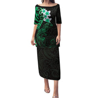 New Zealand Tuatara Plumeria Family Matching Puletasi and Hawaiian Shirt Maori Green Koru Tribal Tattoo LT01 Mom's Dress Green - Polynesian Pride