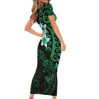 New Zealand Tuatara Plumeria Family Matching Short Sleeve Bodycon Dress and Hawaiian Shirt Maori Green Koru Tribal Tattoo LT01 - Polynesian Pride