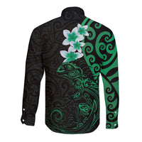 New Zealand Tuatara Plumeria Long Sleeve Button Shirt Maori Green Koru Tribal Tattoo