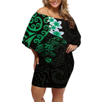 New Zealand Tuatara Plumeria Off Shoulder Short Dress Maori Green Koru Tribal Tattoo