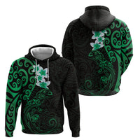 New Zealand Tuatara Plumeria Zip Hoodie Maori Green Koru Tribal Tattoo