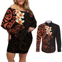 New Zealand Tuatara Plumeria Couples Matching Off Shoulder Short Dress and Long Sleeve Button Shirt Maori Orange Koru Tribal Tattoo LT01 Orange - Polynesian Pride