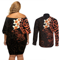 New Zealand Tuatara Plumeria Couples Matching Off Shoulder Short Dress and Long Sleeve Button Shirt Maori Orange Koru Tribal Tattoo LT01 - Polynesian Pride