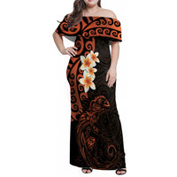 New Zealand Tuatara Plumeria Family Matching Off Shoulder Maxi Dress and Hawaiian Shirt Maori Orange Koru Tribal Tattoo LT01 Mom's Dress Orange - Polynesian Pride